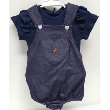 Imagem de Conjunto Macacão Curto Jeans + Body Bebê Menina Lessa B9094, Marinho, 