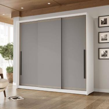 Imagem de Guarda Roupa Roupeiro 3 portas de correr 4 gavetas Valência Branco Cinza Politorno Móveis