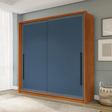 Imagem de Guarda Roupa Roupeiro 2 portas de correr 2 gavetas Valência Freijó Azul Politorno Móveis