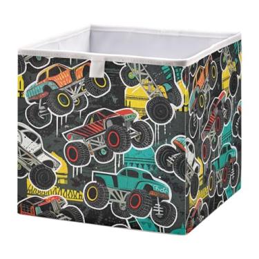 Imagem de Kigai Cesta de Armazenamento Cubos 11 Pol, Monster Truck Carro Dobrável Tecido Caixas Prateleiras Brinquedo Caixa de Armazenamento Organizadores de Armário para Berçário, Despensa, (11,02X11,02X11,02