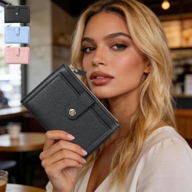 Imagem de Carteira feminina com porta-cartões de crédito, porta-cartões de crédito com janela de identidade e zíper, porta-chaves de tamanho compacto, Preto, Minimalismo urbano