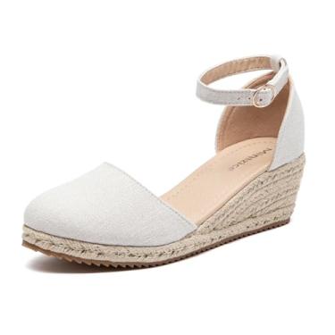 Imagem de Mintzice Sandália feminina de bico fechado sólida cruzada, tira no tornozelo, alpargata, cunha, alpargata, Bege claro, 9-9.5