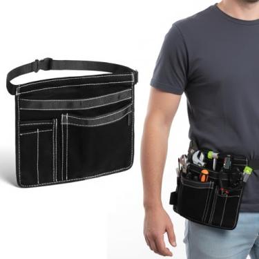 Imagem de Cinto de ferramentas masculino com 5 bolsos preto de um lado, bolsa de ferramentas com 5 bolsos, cinto ajustável, bolsa utilitária, lona durável, avental de trabalho, cinto para carpinteiro