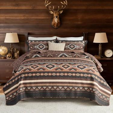 Imagem de QuiltEase Colcha tradicional tamanho Queen - Conjunto de cama rústico asteca com 3 peças - Colcha 100% algodão do sudoeste para todas as estações - edredom leve com motivo de diamante navajo americano