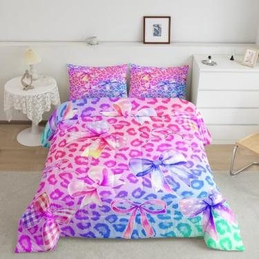 Imagem de Feelyou Conjunto de cama com laço de leopardo colorido macio para meninos e meninas, lindo conjunto de edredom estilo princesa tamanho casal edredom microfibra kawaii gravata borboleta colorida