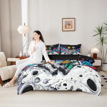 Imagem de Conjunto de edredom divertido de astronauta alienígena com 7 peças, tamanho casal, universo, planeta, para todas as estações, cama de galáxia psicodélica em uma bolsa com edredom, lençóis e fronhas