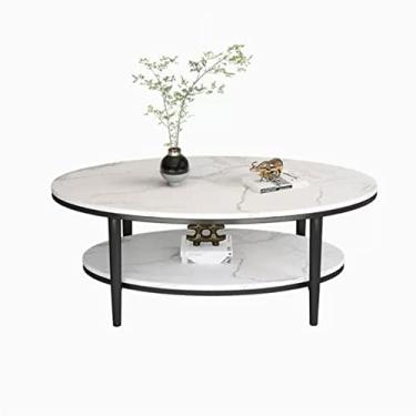 Imagem de Mesa de centro oval simples para sala de estar, mesa de centro moderna de 2 camadas com prateleira de armazenamento aberta, mesa de pedra com moldura de metal, mesa de coquetel central moderna e