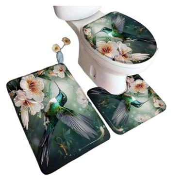 Imagem de Conjunto de tapete de banho, rosa, floral, planta, pássaros, aquarela, arte, moderna, decoração de casa de banho, tapetes de chão, tapetes em U, tampa de vaso sanitário (45 x 75 cm, estilo G)