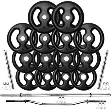 Imagem de Kit 60Kg em Anilhas de Ferro com Barras de 40cm e 1,60m + Barra W 1,20m-Unissex