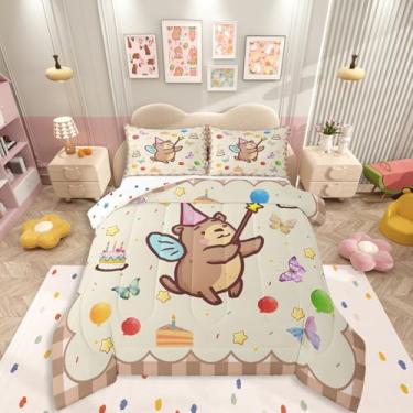 Imagem de Erosebridal Conjunto de cama casal com desenho animado de capivara, animais fofos, para crianças, meninas, adultos, feliz aniversário, bolo, borboleta, marrom, bege, edredom quadriculado