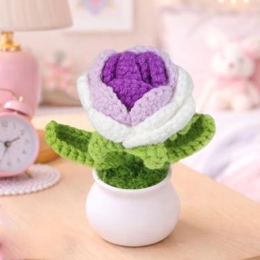 Imagem de Vaso de plantas de crochê dos namorados, mini decoração de malha para casa/escritório, decoração de mesa ecológica, rosa roxa gradiente