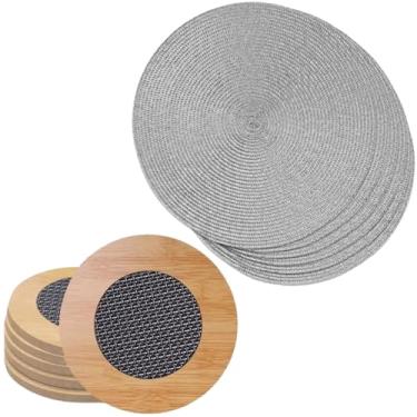 Imagem de Kit Mesa Posta: Jogo Americano Redondo 6 Peças 38cm + 6 Descansos de Panela Bambu 15cm – Protege sua Mesa -Souplast Elegante para Jantar, Café, Confraternizações, Eventos, Decoração e Festas (Prata)