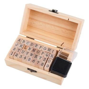 Imagem de 36 Carimbos de Alfabeto em Madeira e Borracha, com Caixa de Armazenamento em Madeira e Almofada Tinta para Artesanato Scrapbooking Pintura Confecção Cartões