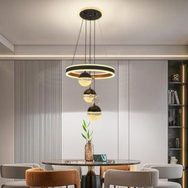 Imagem de Lustre de cristal moderno, luminária pendente de 60W com altura ajustável, cúpula preta com detalhes em acrílico e ferro, ideal para sala de estar, quarto e sala de jantar.