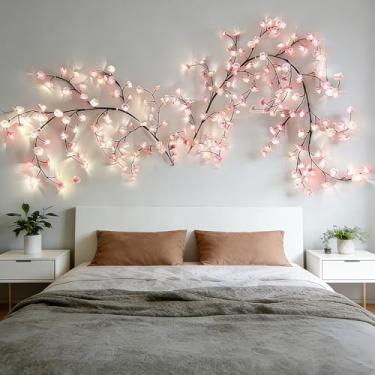 Imagem de Luzes de videira de salgueiro encantado de cerejeira, 144 luzes LED de flor de cerejeira com alimentação USB, 8 modos de iluminação, luzes de ramo de árvore de LED para decoração de parede, luzes de
