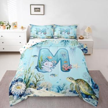 Imagem de Erosebridal Conjunto de edredom tamanho casal axolote azul com letra M, desenho fofo, animal oceano, para crianças, meninos, meninas, monograma, salamandra, alfabeto, monograma, salamandra