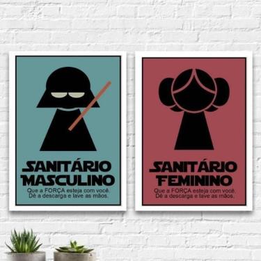 Imagem de Kit 2 Quadro Sanitário Feminino Masculino 33X24 Vidro Branca