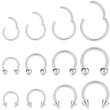 Imagem de KREZIP 12 peças 16G segmento articulado anéis de septo aço cirúrgico ferradura piercing piercing sobrancelha lábio cartilagem hélice tragus brincos piercing joias para mulheres homens 6/8/10/12 mm