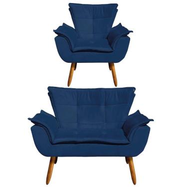Imagem de Kit 1 Namoradeira e 1 Poltrona Opala Suede Azul Marinho