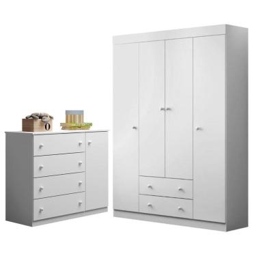 Imagem de Jogo De Quarto Infantil Guarda Roupa E Cômoda Ellie P04 Branco - Mpozenato