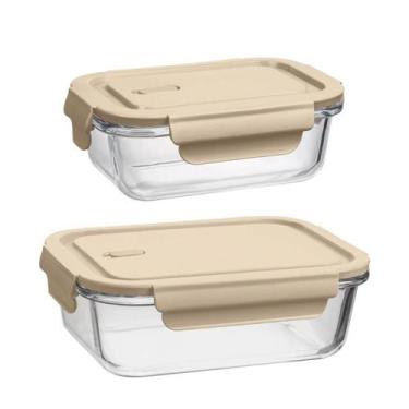 Imagem de Kit 2 Potes Herméticos de Vidro Retangulares Tampa Capuccino Uz Porta 