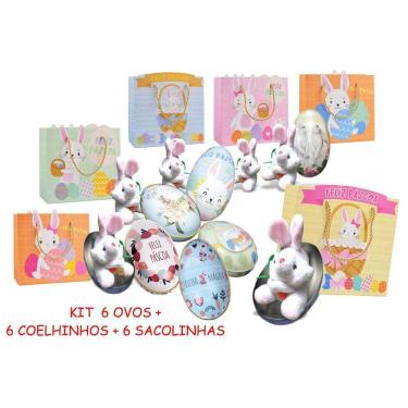 Imagem de Kit Páscoa 6 Ovos de Metal + 6 Coelhos Pelúcia + 6 Sacolas