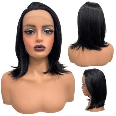 Imagem de Peruca front lace media curta repartição livre 13x1 preta 2 - LIONSWIG