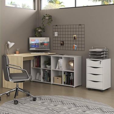 Imagem de Mesa Escrivaninha Em L Eron E Gaveteiro Com Rodízios Mity A06 Carvalho-branco - Mpozenato