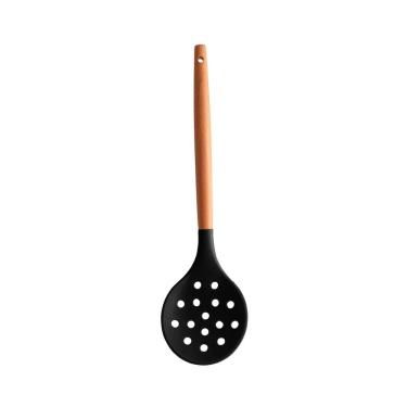 Imagem de Escumadeira de Silicone Preto C/Cabo de Bambu Charmy 31,5cm Lyor