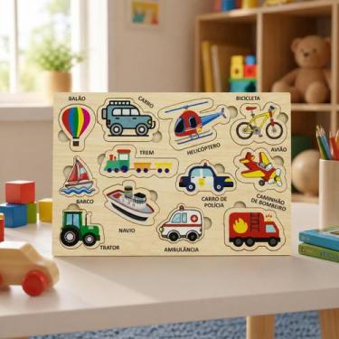 Imagem de Brinquedo Didático Quebra Cabeça Encaixe com Pino Veículos Divertidos 