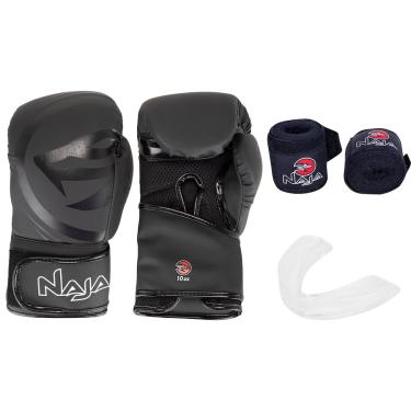 Imagem de Kit de Boxe Naja: Bandagem + Protetor Bucal + Luvas de Boxe Black - 10 oz - Adulto