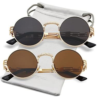 Imagem de AIEYEZO Óculos de sol redondos Steampunk Circle Lennon Hippie armação de metal 100% lente com bloqueio de UV, Pacote com 2 (ouro/cinza + ouro/marrom), MM