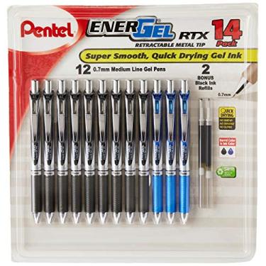 Imagem de Pentel EnerGel RTX Caneta de ponta de metal retrátil, 0,7 mm, 9 tintas pretas, 3 tintas azuis com 2 recargas (BL77O14C)