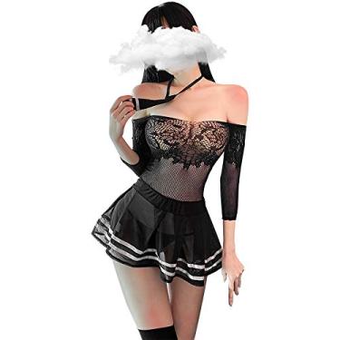 Imagem de SINMIUANIME Lingerie feminina vestido de estudante japonês sexy vestido de rede cosplay lingerie, 7597 preto, One Size