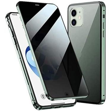 Imagem de HAODEE Capa de telefone flip magnética anti-peep, capa de vidro temperado de dupla face para Apple iPhone 12 (2020) 6,1 polegadas, amortecedor de metal (cor: verde)