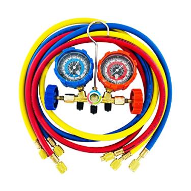Imagem de Conjunto de manômetro de 3 vias, kit diagnóstico AC para R502, R134A, R12, R22 Refrigerantes com válvula de latão, mangueiras, instruções para manutenção AC, diagnóstico, evacuação a vácuo