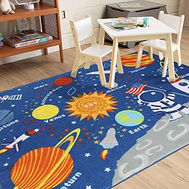 Imagem de HUAHOO Tapete infantil educativo para aprendizagem, planetas galáxias, estrelas, azul, divertido, tapete para berçário, sistema solar retangular (estrelas, 81 x 119 cm)