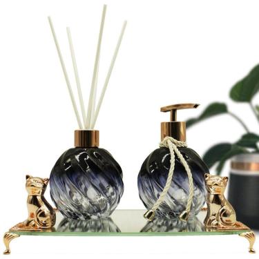 Imagem de Kit Lavabo Azul Luxo Difusor E Saboneteira Com Bandeja