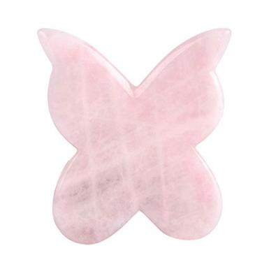 Imagem de LZLRUN Rolo de jade de quartzo rosa real jade gua sha board massageador de cogumelo ferramenta de levantamento de rosto ferramenta de massagem guasha facial (forma de borboleta)