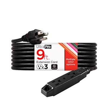 Imagem de UltraPro Cabo de extensão de 9 pés, tira de energia de 3 tomadas, isolamento duplo, aterrado, resistente, calibre 16, uso geral, uso interno/externo, listado pela UL, preto, 50772