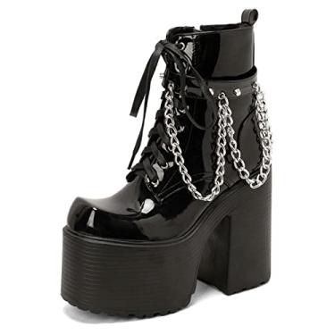 Imagem de Botas femininas plataforma tornozelo botas góticas salto alto grosso bloco punk alto com cadarço botas de combate motocicleta,Bright,4 UK/37 EU