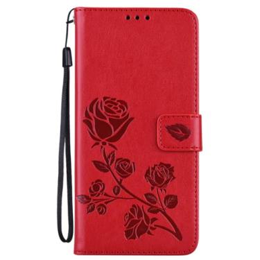 Imagem de ZiEuooo Capa de telefone fashion requintada rosas 3D PU + TPU para Samsung Galaxy A40 A42 A50 A60 A70 A81 A91 S 5G Shell com porta-cartão carteira capa traseira à prova de queda (vermelha, A81)