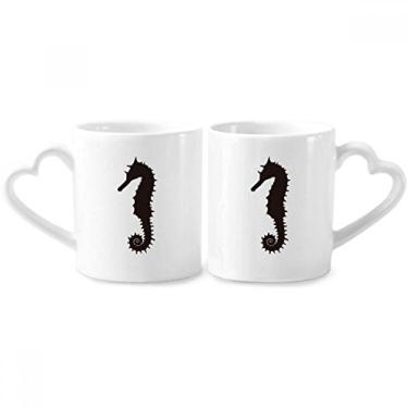 Imagem de Conjunto de canecas de porcelana para casais, estampa de vida marinha, hipocampo, preto, coração