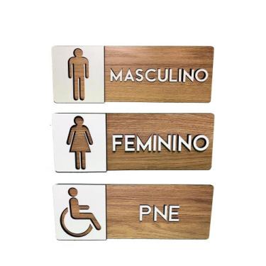 Imagem de Kit 3 Placas Sinalização Banheiro Feminino Masculino E Pne - Realaser