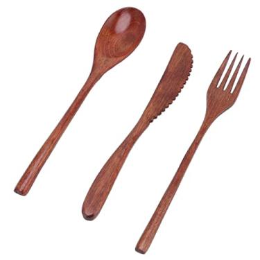 Imagem de Conjunto de utensílios de mesa de madeira, utensílio de colher portátil para cortar garfos à prova de arranhões para saladas de sobremesa para acampamento
