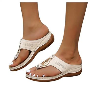 Imagem de Sandálias femininas Gibobby com salto plataforma romano confortáveis sandálias de fundo plano sem cadarço com clipe no dedo do pé sandálias de verão com tiras em T, X02 - bege, 7.5