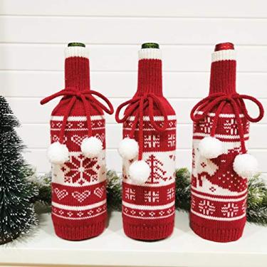 Imagem de Conjunto de 3 peças de capa de saco de garrafa de vinho de Natal, suéter tricotado com vinho tinto, manga de champanhe, vestido de Natal para decoração de casa, hotel, restaurante, festa, árvore de Natal/rena/floco de neve