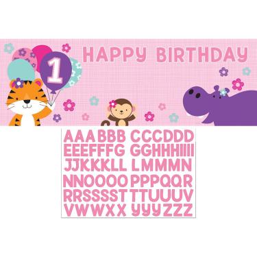 Imagem de Creative Converting Banner gigante de festa de feliz aniversário One Is Fun-Girl com adesivos
