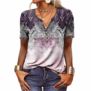 Imagem de Camiseta feminina gola V manga curta, confortável e leve estampa tops de verão camisetas básicas, A, M (busto: 101 cm)