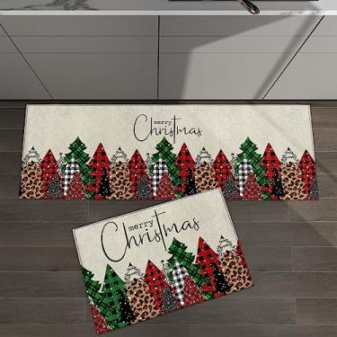 Imagem de Conjunto de 2 tapetes de cozinha Feliz Natal árvore verde preto vermelho xadrez vintage leopardo para tapetes acolchoados no chão tapetes e tapetes antiderrapante absorvente corredor confortável tapete de pé